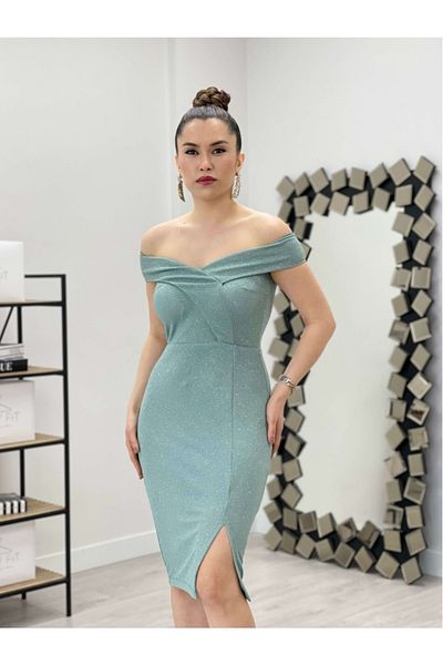 giyimmasalı Glitter Fabric Boat Neck Dress - Mint Green