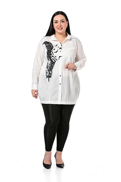 DISENTIS MODEST Large Size Leaf Printed Half Balloon Mold Skirt Stitched Ecru Shirt