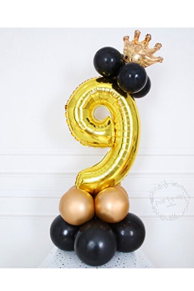 PARTİAVM Gold Number Balloon Welcome Set 9 Year Old Black Gold Colors 9 Numbe...