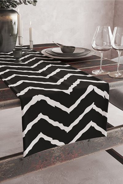Vagonik Runner cu imprimare digitală cu model în zig-zag negru 140x40