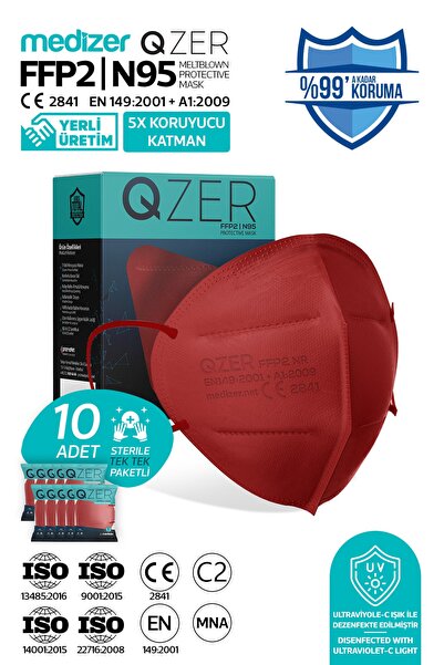 Medizer Qzer Bordo Ffp2 Maske 5 Katlı 10 Adet