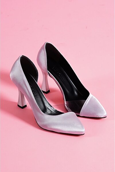 DİVOLYA Violet Gray Satin Toe Transparent Detailed Daily Use Stiletto