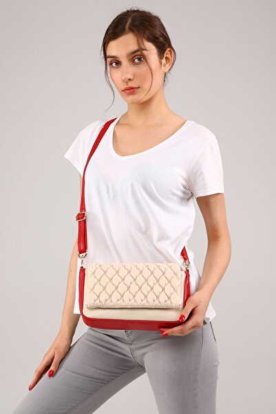 Morpelikan Women's Quilted Embroidered Cream Red Shoulder Bag with Adjustable Shoulder Strap