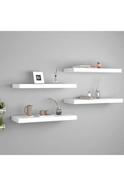 LİNDE HOME 50x15 4lü Beyaz Uçan Raf, Duvar Rafı, Kitaplık, Kütüphane