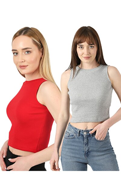 TİODES Bluză crop din 2 piese pentru femei, gri roșie