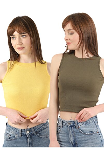 TİODES Ženska žuta kaki bluza Halter izrez 2-dijelna Skraćeni kroj