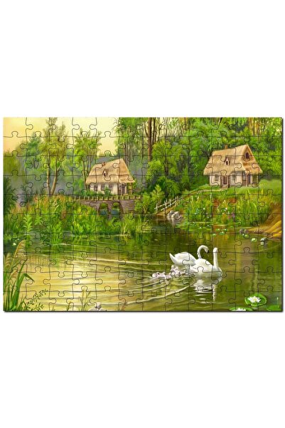Cakapuzzle Göl Manzaralı Kulübeler Ve Kuğu Çiftiyle Yavruları 500 Parça Puzzl...