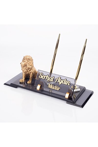 Ofistike Aslan Biblolu Elit Kristal Isimlik Çift Kalemli Masa Isimliği Lion L...