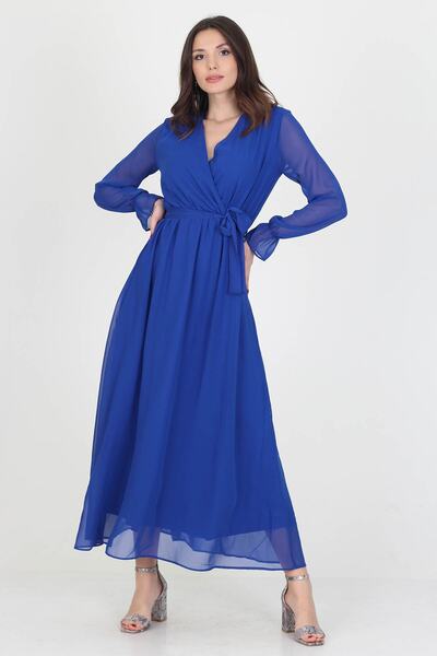 XXL BUTİK Γυναικείο φόρεμα σιφόν με διπλό στήθος με μακρύ πολύ κομψό φόρεμα