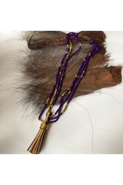 AGG TASARIM Mor Renkli Boncuklu Uzun Püsküllü Deri Kolye