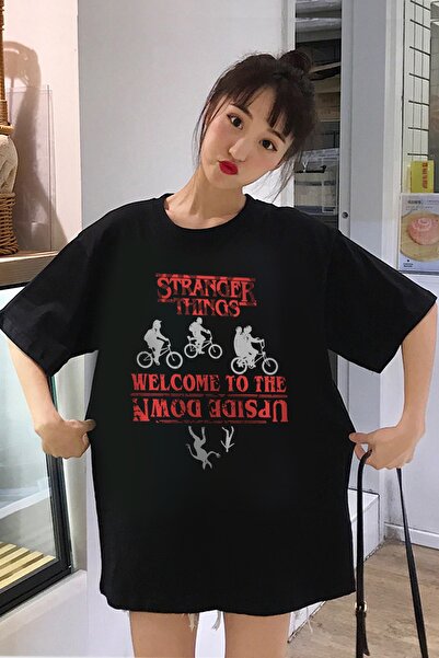 ROCK GURU Tricou de damă cu mânecă scurtă oversize negru Stranger Things cu bicicletă