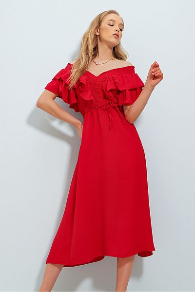 Trend Alaçatı Stili Women's Red Midi-length Woven Dress with Elastic Collar and Flounce and Belted Waist ALC-X8559