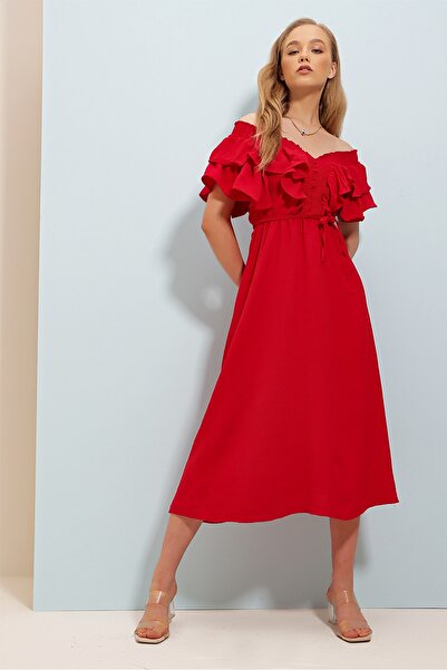 Trend Alaçatı Stili Γυναικείο κόκκινο μεσαίο υφαντό φόρεμα με ελαστικό γιακά και φλάντζα και ζώνη ALC-X8559