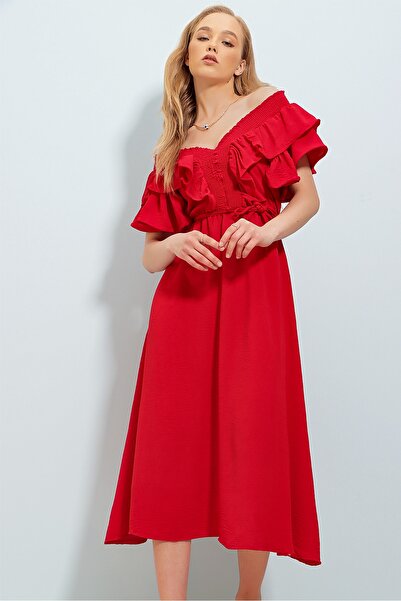 Trend Alaçatı Stili Γυναικείο κόκκινο μεσαίο υφαντό φόρεμα με ελαστικό γιακά και φλάντζα και ζώνη ALC-X8559