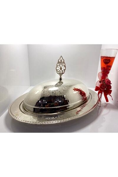 AHCAHOME Bakır Büyük Boy 40cm Dövme Sunumluk Kapaklı Servis Kayık