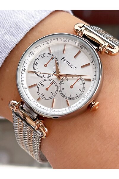 Ferrucci Rose Gold Silver Çift Renk Klasik Hasır Kordon Kadın Kol Saati