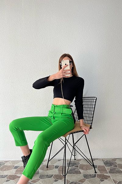 TT GİYİM Women's Belted High Waist Fabric Trousers