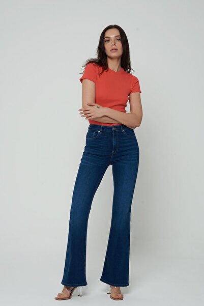 CROSS JEANS Aurora Koyu Mavi Yüksek Bel Flare Fit Patı Fermuarlı Pantolon Jean C 4528-018