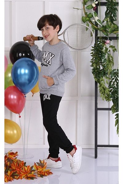 CICIKIZ Boy's Gray Color Cmx California Embroidered Kangaroo Pocket Seasonal Tracksuit Set