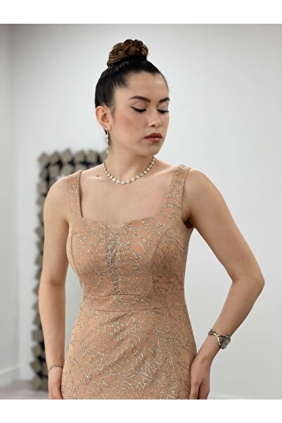 giyimmasalı Payet Kumaş Kare Yaka Elbise - Gold