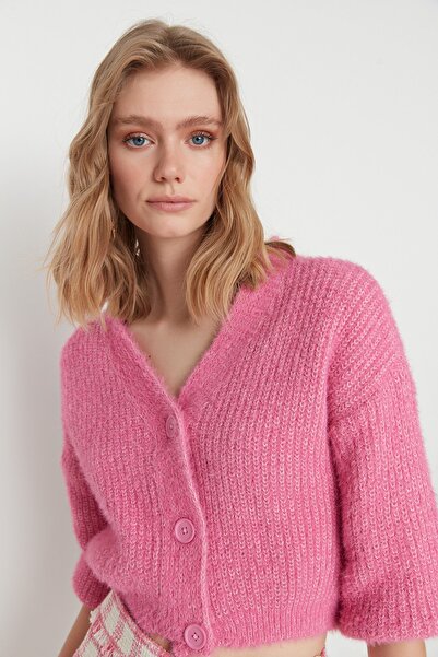 Trendyol Collection Pink Crop Knitwear Cardigan - Furry/Beard Rope Twoaw22Hi0452