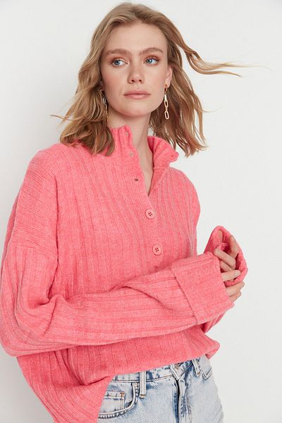 Trendyol Collection Soft Textured Pink Wide Knitwear Sweater - Stand Collar TWOAW21KZ0783