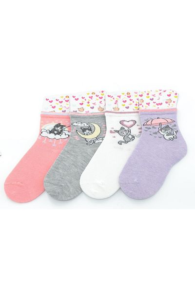 Ekinoks 4-Piece Biya Cat Patterned Girl's Socks