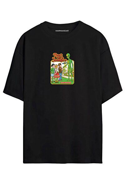 Harmandar Dont Talk Strangers Alien unisex tricou oversize negru - alb