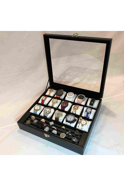 Kelepir Fırsatlar 15 Compartments Visual Glass Cover Wooden Skeleton Black Leather Covered Stylish 15 Pieces Special Women's Jewelry Watch Box