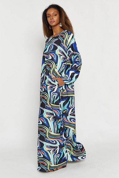 Hopoi Rochie maxi din satin cu model albastru-negru pentru femei 25126