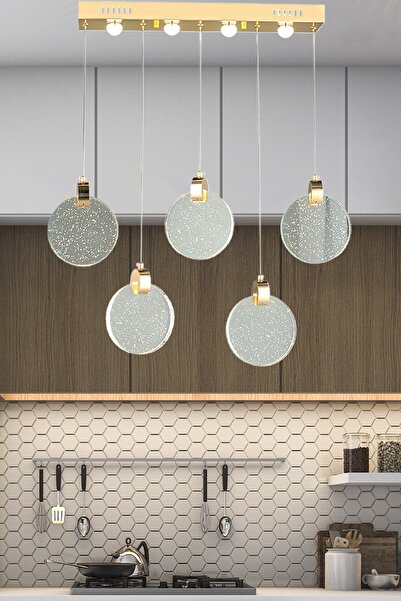 burenze Modern Sarkıt Power Led Avize Beşli Sıralı Camlı Gold Sarı