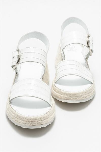 Elle Shoes Beyaz Deri Kadın Dolgu Topuklu Sandalet