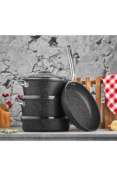 FALEZ Black Line 7 Piece Granite Pot Set