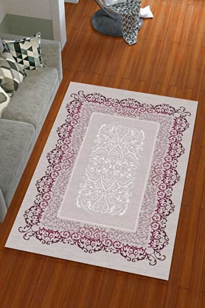 Miray Tekstil Dijtal Baskı Ipek Kadife Gri Renkli Osmanlı Desen Lastikli Halı...