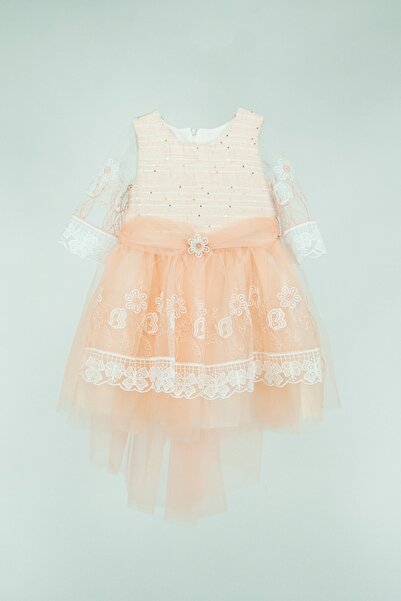 Oppland Kız Çocuk 1-2-3-4 Yaş Taçlı Kelebek Papatya Nakışlı Kuyruklu Elbise