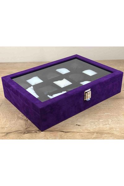 Kelepir Fırsatlar New Concept Multi-Purpose Wooden Italian Purple Velvet Coated with Glass Lid 15 Compartments Watch and Jewelry Box