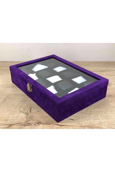 Kelepir Fırsatlar Lilac Colored Italian Velvet Plated 15 Compartment Cover Glassed Wooden Case Wristwatch Jewelry Banquet Box