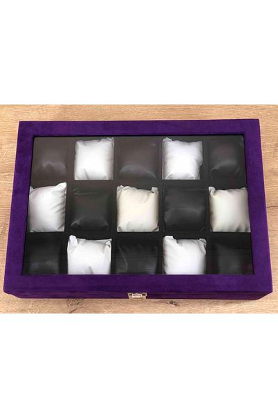 Kelepir Fırsatlar Lilac Colored Italian Velvet Plated 15 Compartment Cover Glassed Wooden Case Wristwatch Jewelry Banquet Box
