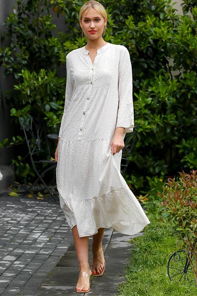 Chiccy Women's Stone Italian Half Placket Buttoned Flounce Sleeve Crispy Patterned Oversize Long Dress M10160000EL93281