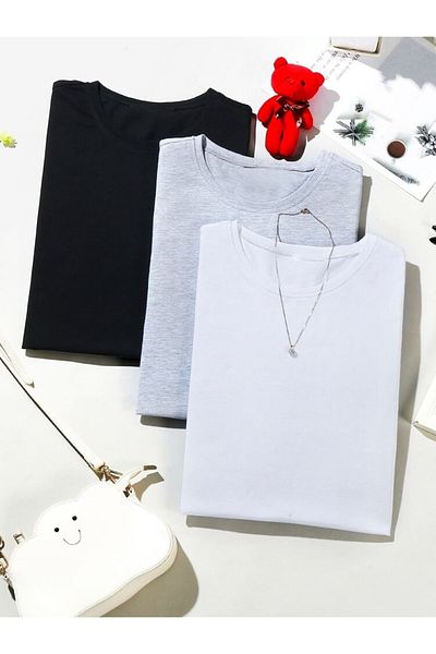 JAKARLI Unisex Cotton 3 Pack Ready Oversize Λευκό - Γκρι - Μαύρο Oversize T-shirt
