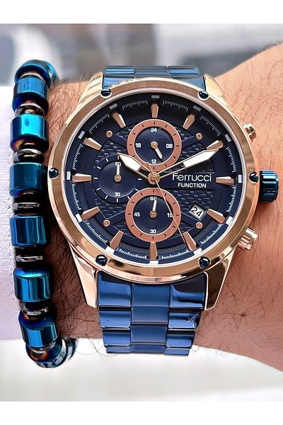Ferrucci Navy Blue Color Rose Gold Case Functions Active Men's Wristwatch + Hematite Natural Stone Bracelet