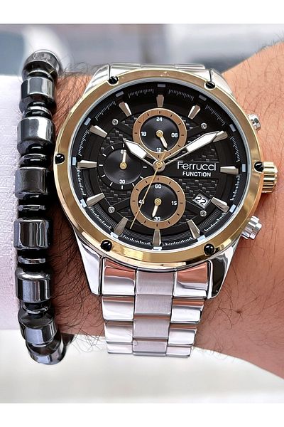 Ferrucci Silver Color Gold Gold Frame Functions Active Men's Wristwatch + Hematite Natural Stone Bracelet Gift
