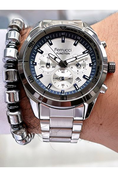 Ferrucci Silver Color Metallic Dial Functions Active Men's Wristwatch + Hematite Natural Stone Bracelet Gift