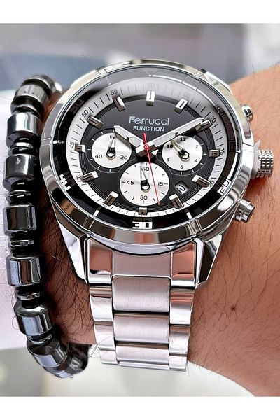 Ferrucci Silver Color Black Dial Functions Active Men's Wristwatch + Hematite Natural Stone Bracelet Gift