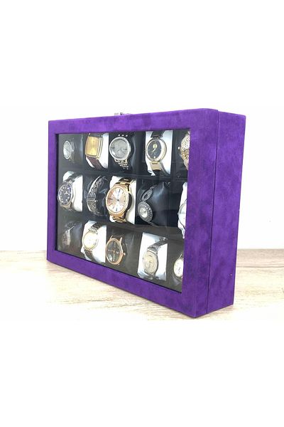 Kelepir Fırsatlar New Fashion Checked Padded Purple Velvet Plated Wedding Ring Watch Necklace Bracelet Box with Glass Cover