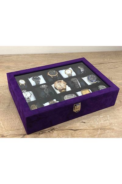 Kelepir Fırsatlar New Fashion Checked Padded Purple Velvet Plated Wedding Ring Watch Necklace Bracelet Box with Glass Cover