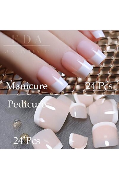 EDA LUXURY BEAUTY 48'li Doğal Pembe Beyaz French El & Ayak Takma Tırnak Lüks ...