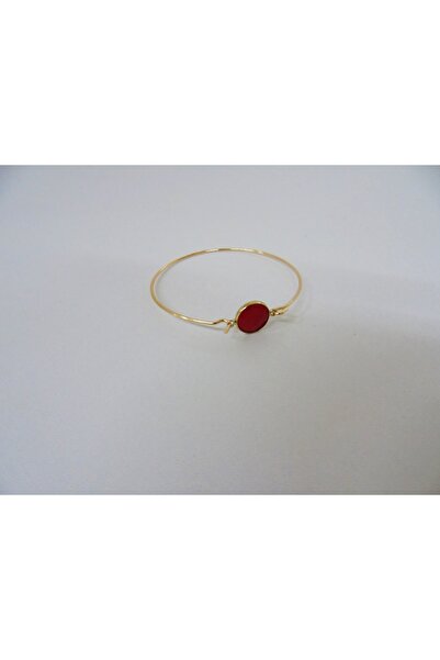LABELLAAVM Kırmızı Renkli Taş Detaylı Gold Kelepçe Bileklik