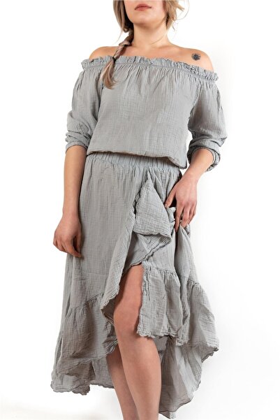 Zeliha Baysan Women's Muslin Pleated Ruffled Maxi Gray Skirt