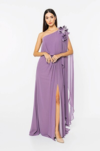 INVIDIA Tek Omzu Açık Yırtmaçlı Şifon Abiye Elbise